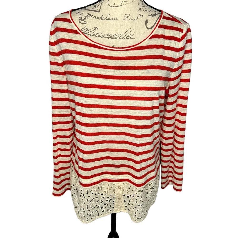 Tory Burch Long-sleeve Stripe Top with Lace Size Medium
